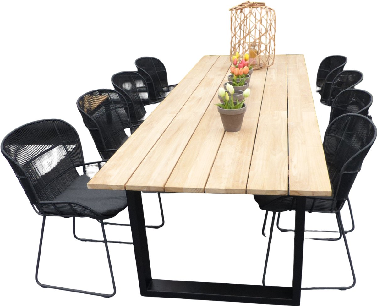 Set van Kaihou tafel 300x100x76 cm zwart/teak en 8 Faye stoelen lava incl. kussen - Yoi
