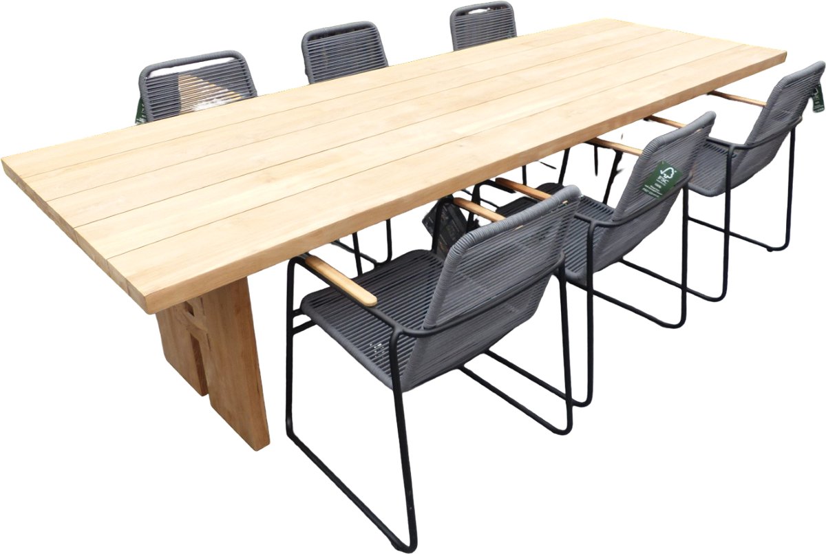 Set van Zen tafel 300x100x75 cm teak en 6 Wasabi stoelen grijs incl. kussen - Yoi