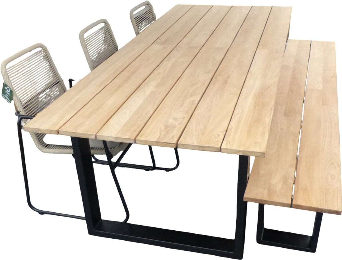 Set van Kaihou tafel 240x100x76 cm zwart/teak, Kaihou bank 240x40x45 cm zwart/teak en 3 Wasabi stoelen naturel incl. kussen - Yoi
