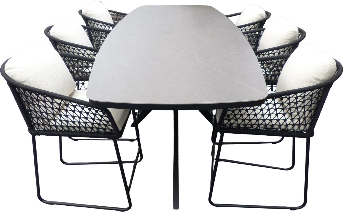 Set van Calma high dining tafel 270x100x95 cm en 6 Bara high dining chairs alu black/rope black/wool white AW incl. kussens - Yoi