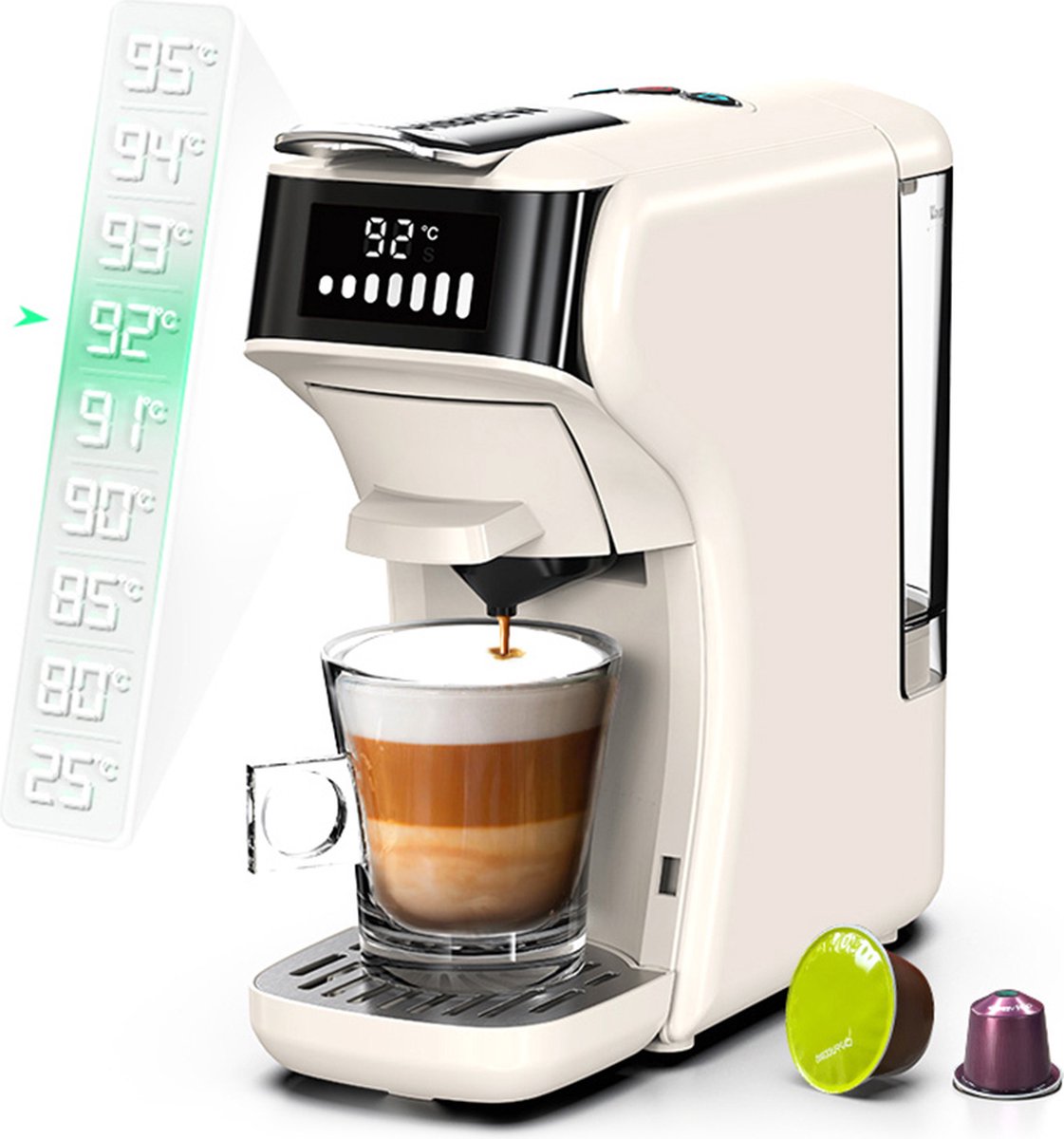 HiBREW H1B koffiezetapparaat met 6 in 1 pads, watertank van 600 ml, drukextractie van 19 bar, koud/warm-modus, LED-indicator, voor Kcup*/Nes*/DG*/espressopoeder, beige - EU-stekker