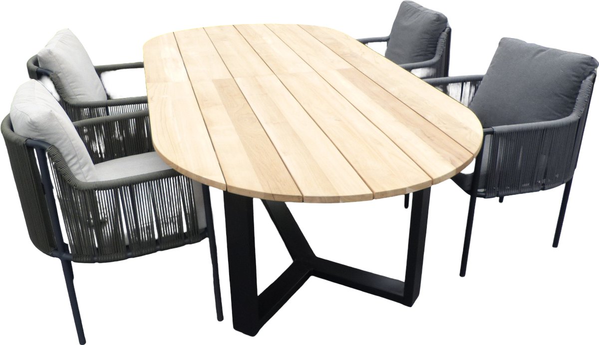 Set van Kaihou tafel 260x122x76 cm ovaal teak en 4 Umi stoelen zwart/grijs - Yoi