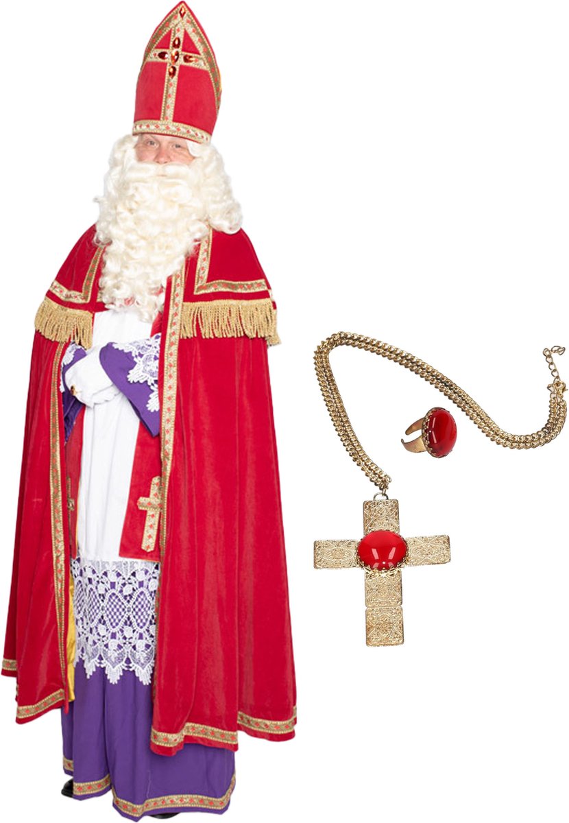 Sinterklaas kostuum - inclusief ring en kruis ketting met rode steen One size -