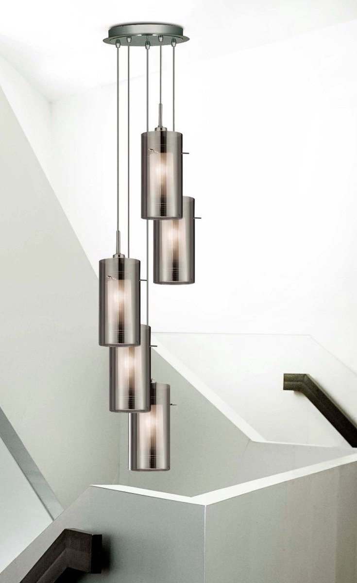 Searchlight Duo 2 - Hanglamp - Ø 28 X 120 Cm - Gerookt En Matglas