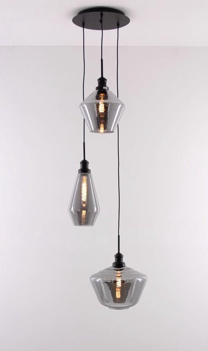 Searchlight Mia - Hanglamp - Ø 51 X 150 Cm - Mat Zwart En Gerookt Glas