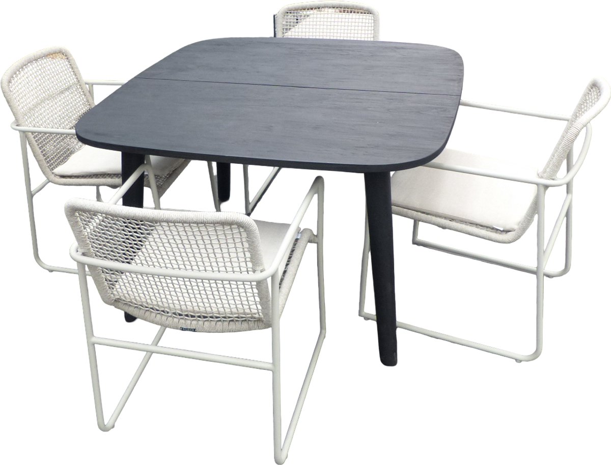 Set van Lennon tafel 120x120x76 cm charcoal en 4 Mira stoelen wit/taupe incl. kussen - Yoi