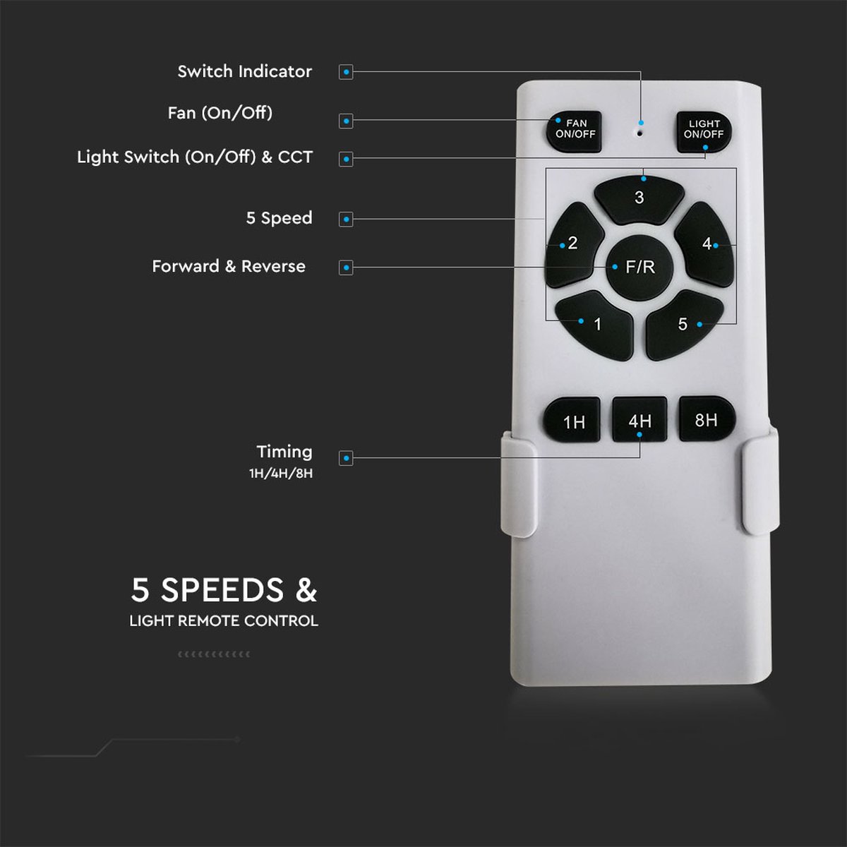 V-Tac VT-6055 Plafondventilator - 3 bladen - Color-switch LED Lamp - 35W - Afstandsbediening - Winterstand -132cm