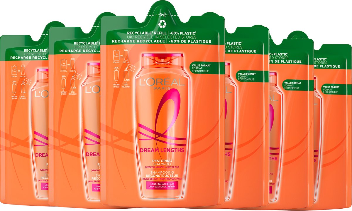 6x L'Oréal Elvive Dream Lengths Shampoo Refill 250 ml