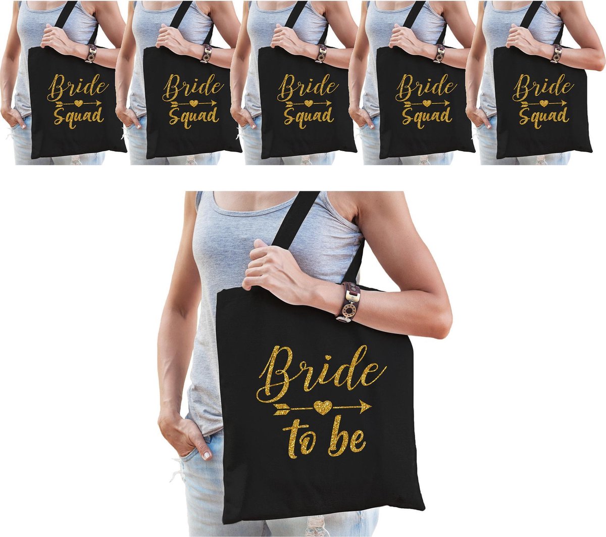 Vrijgezellenfeest dames tasjes/ goodiebag pakket: 1x Bride to Be zwart goud+ 9x Bride Squad zwart go -