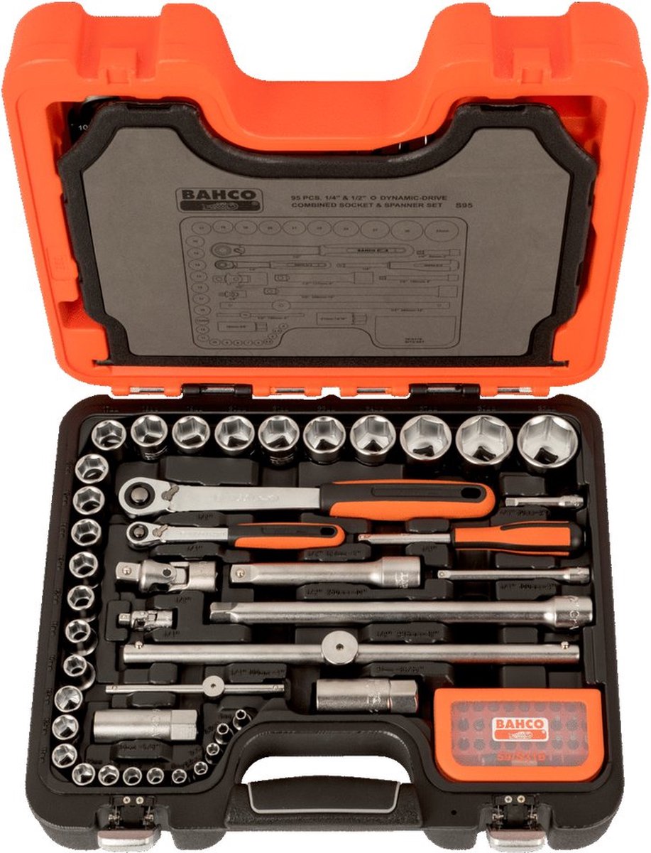 Bahco Doppenset 1/4" en 1/2" | omkeerbare ratels | zeskant | metrisch | inclusief ringsteeksleutels | inbussleutels en bits - 96-delig - koffer - S95
