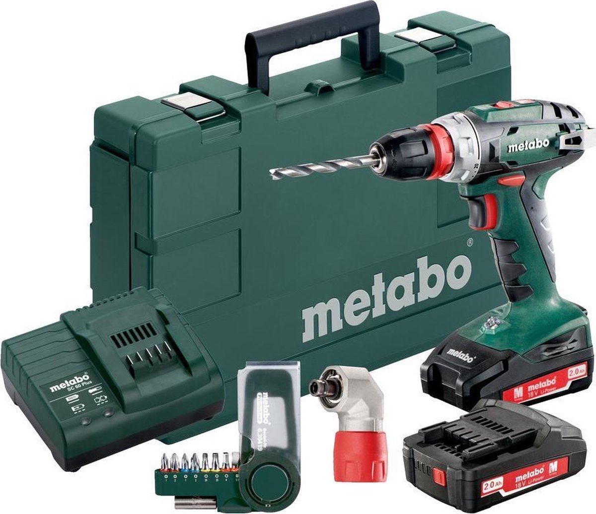 Metabo BS 18 Quick 18V Li-Ion Accu Boor-/schroefmachine Set (2x 2.0Ah Accu) In Koffer Incl. Haakse Voorzetkop En Bitset