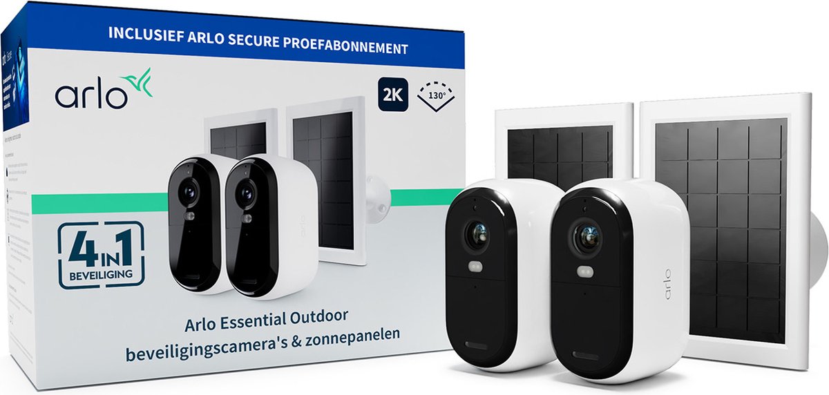 ARLO BUNDLE ESSENTIAL2 2K OUTDOOR CAMERA 2-PACK + 2-SOLAR PANEL VMK3250-100EUS IP-Bewakingscameraset Met 2 cameras 2688 x 1520 Pixel