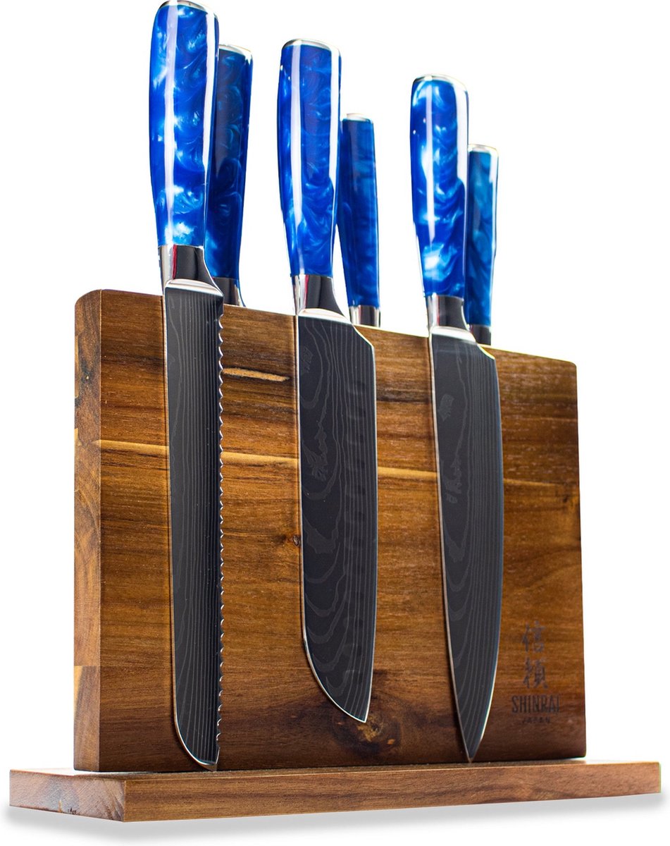 Epoxy Sapphire Damascus Print 6-delige Messenset  + Acacia houder dubbelzijdig