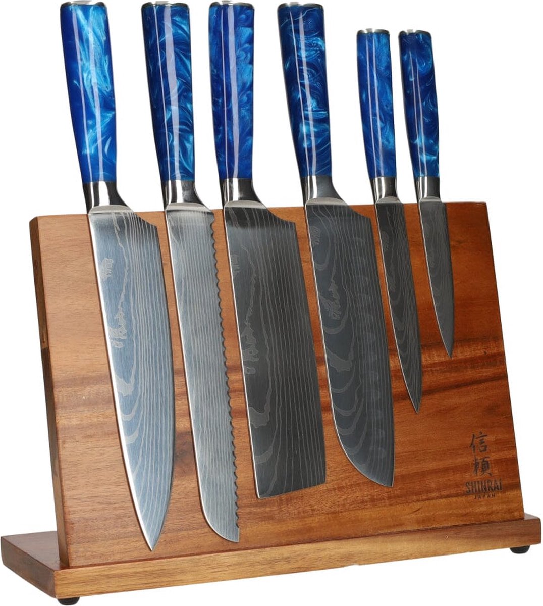 Epoxy Sapphire Damascus Print 6-Delige Messenset  + Acacia houder enkelzijdig