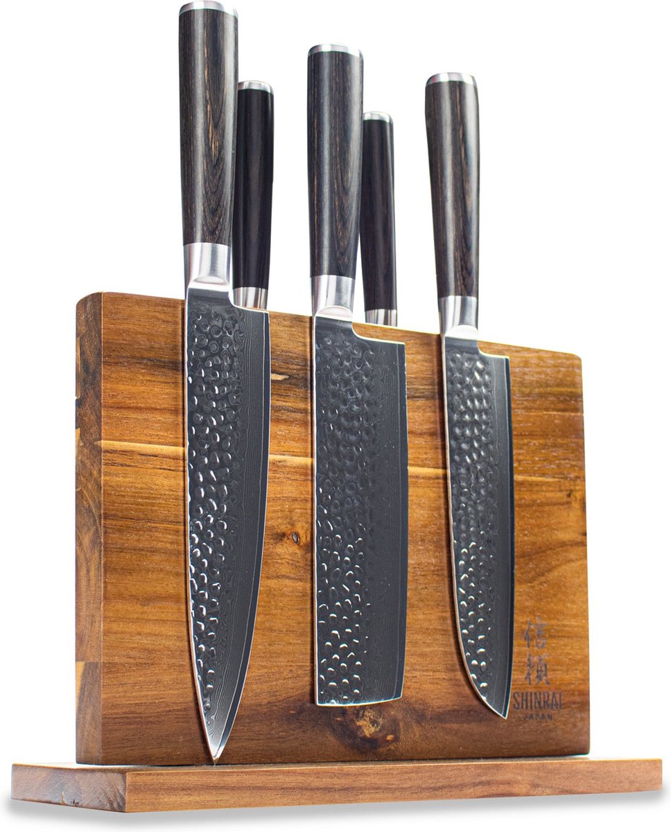 Hammered Damast BR 5-Delige Messenset + Magnetisch Messenblok Dubbelzijdig