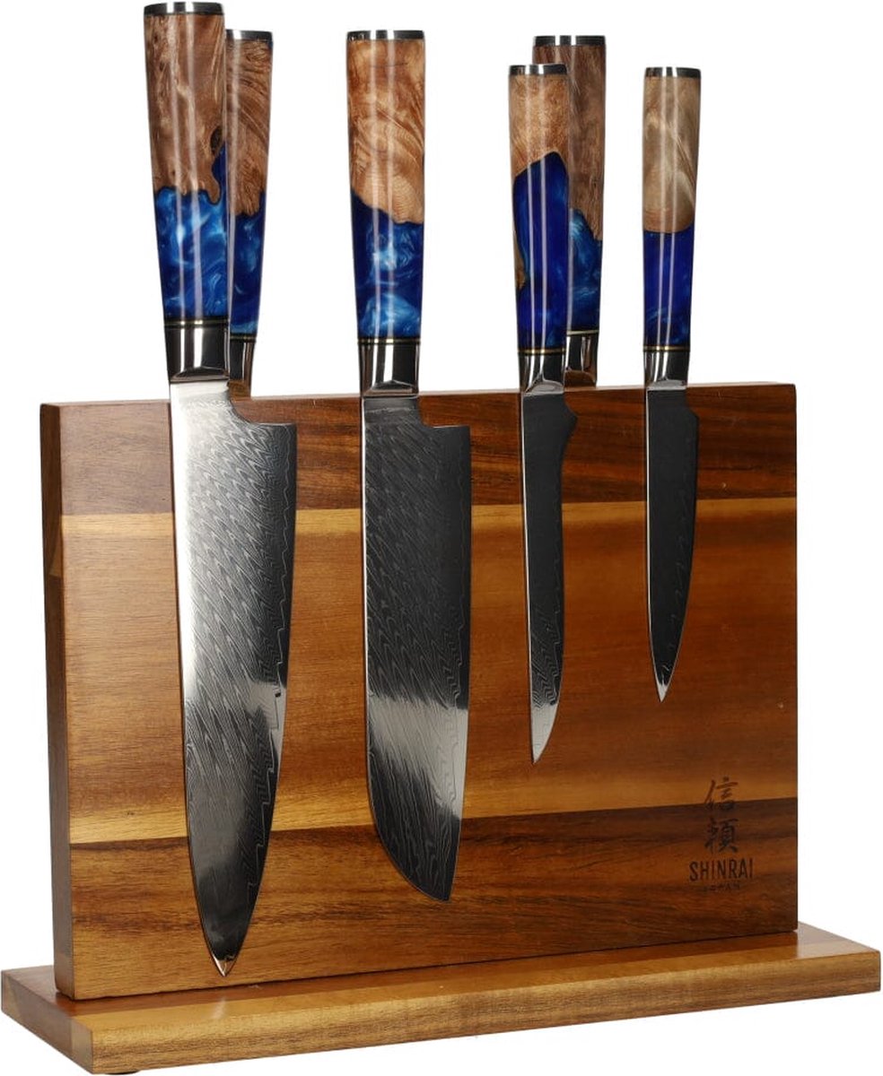 Epoxy Sapphire 6-delige Damascus Messenset  + Magnetisch Messenblok