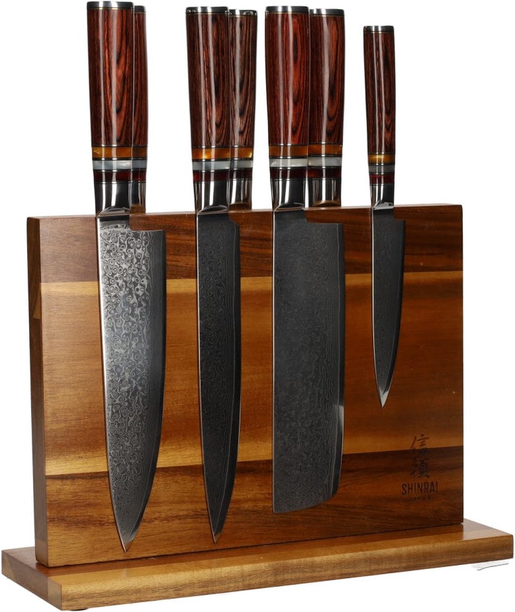 Shinrai Knives - Micarta Jewels 7-delige Damascus Messenset + Magnetisch Messenblok Dubbelzijdig
