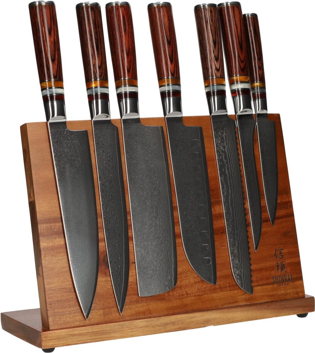 Shinrai Knives - Micarta Jewels 7-delige Damascus Messenset + Magnetisch Messenblok Enkelzijdig