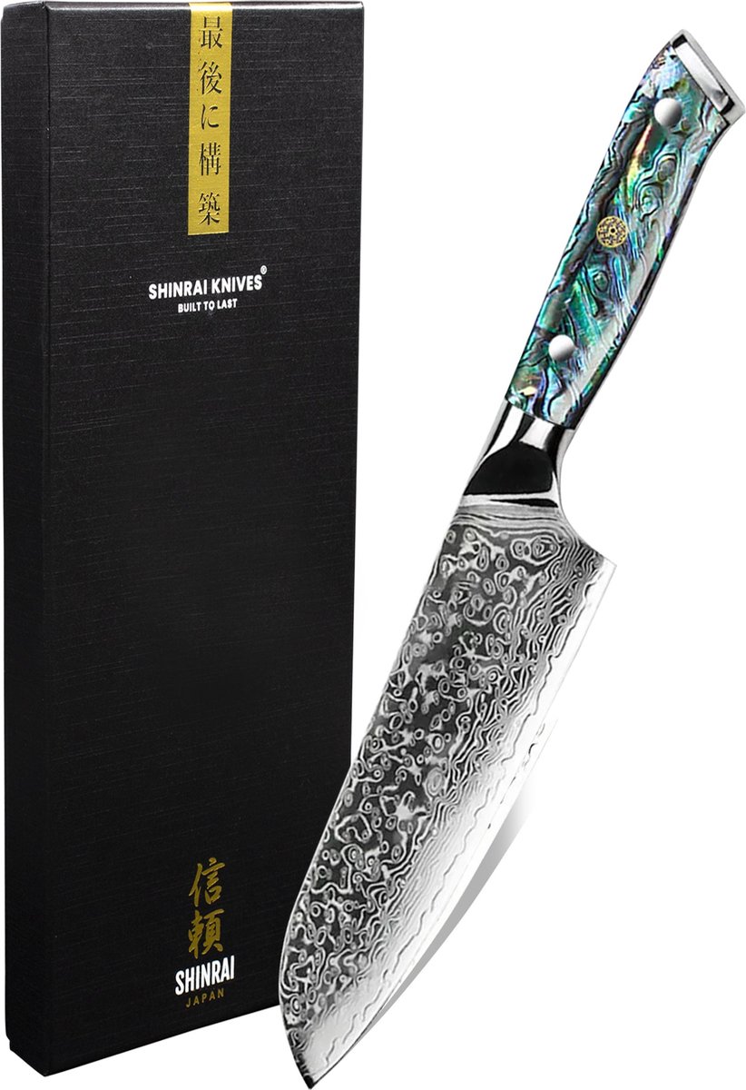 Shinrai Knives - Parelmoer Jewels Damascus Santoku mes 18 cm