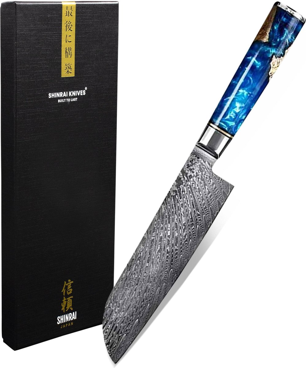 Epoxy Sapphire Damascus Santoku mes 18 cm