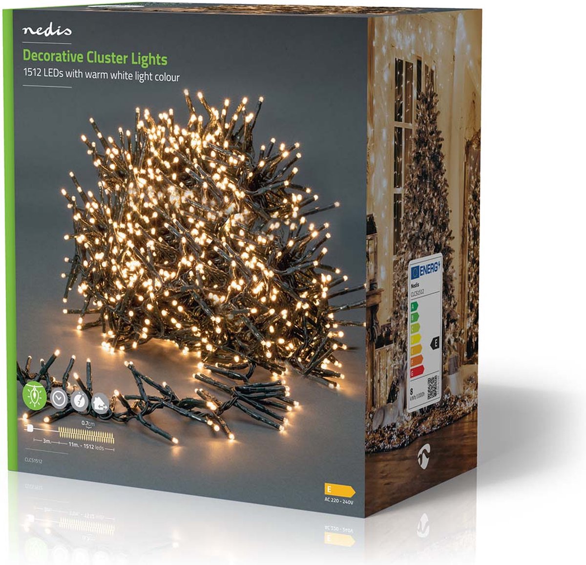 Nedis CLCS1512 Decoratieve Verlichting Cluster 1512 Led's Warm Wit 11.00 M Licht Effecten: 7 Binnen & Buiten Netvoeding