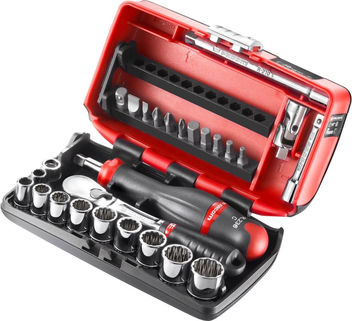 Facom compacte 1/4" doppenset 12 kant met ratel metstofdichte kop - inch - RL.NANO-U112