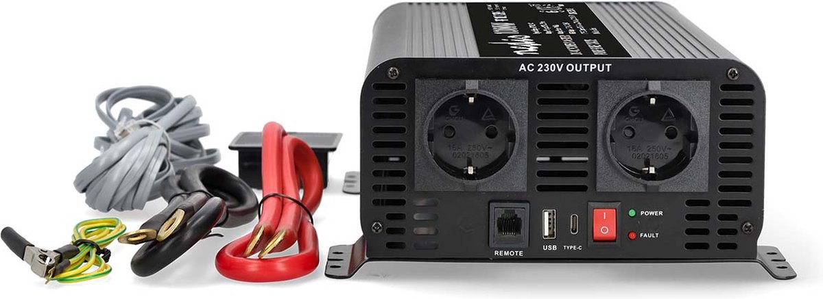 Nedis Omvormer Pure Sinusgolf | Ingangsvoltage: 12 V DC | Apparaat stroomoutput: Type F (CEE 7/3) / USB-A / USB-C™ | 1000 W | Piekvermogen: 2000 W |