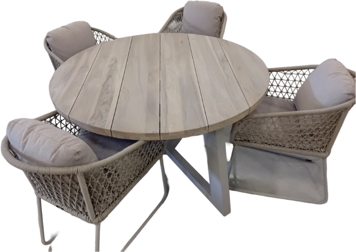 Tuinset Dylan tafel Linen, teak dia. 140 cm met 4 stoelen Bara stoel salix, rope salix, flax beige AW - Yoi