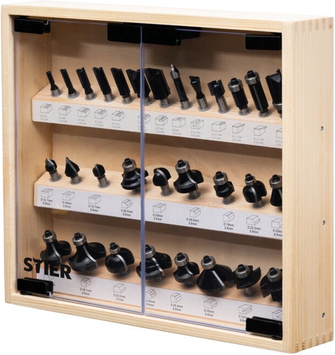 STIER - Cutterassortiment - 30 stuks - Houtfrezenset 8 mm bovenfrezen voor bovenfrezen