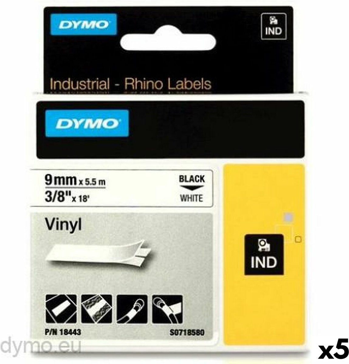 Laminated Tape for Labelling Machines Rhino Dymo ID1-9 White Black 9 x 5,5 mm Stick (5 Units)