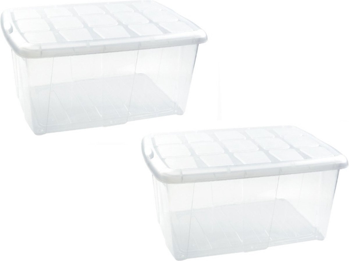 Plasticforte opslagbak organizers met deksel - 6x - transparant/wit - 60 liter - kunststof -