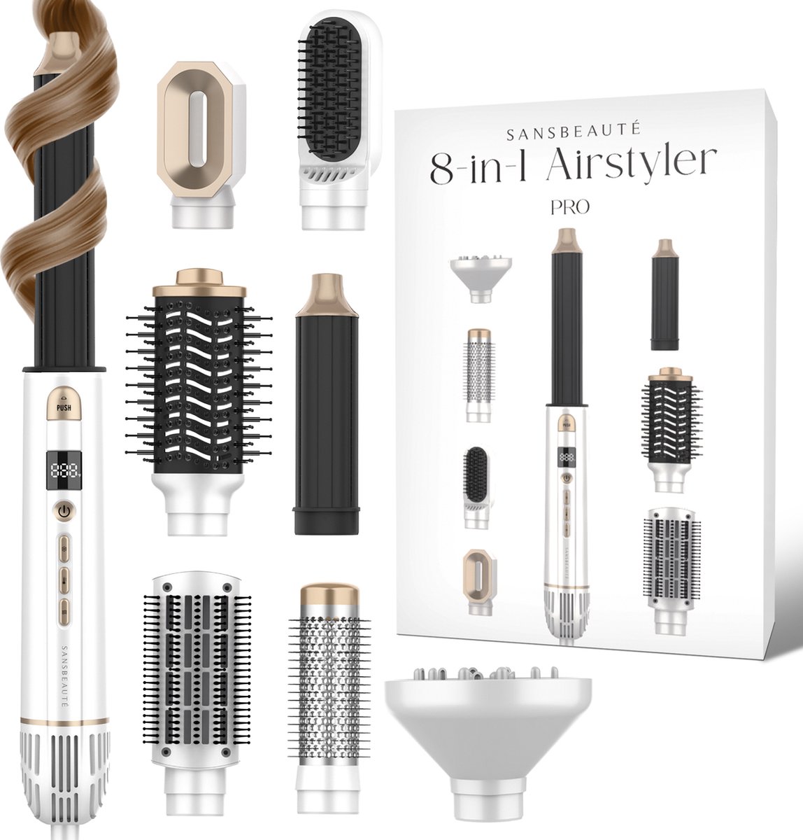 Sansbeauté® 8-in-1 Airstyler met Diffuser Hairwrap - Multistyler - Roterende Fohnborstel - Dupe - Haarstyler - Haardroger - Warmteborstel - Krulborste