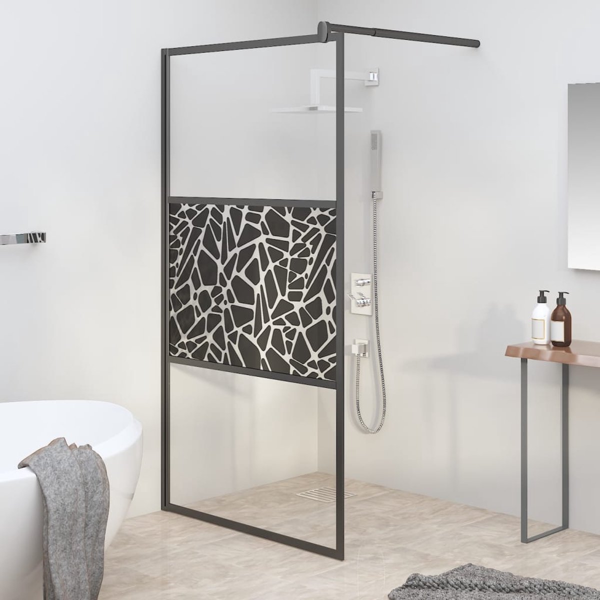 vidaXL - Inloopdouchewand - met - stenenmotief - 100x195 - cm - ESG-glas - zwart