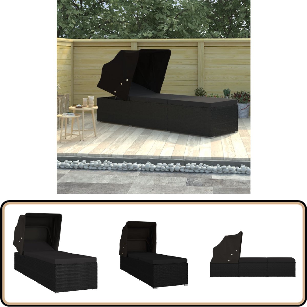 vidaXL - Ligbed - met - luifel - en - kussen - poly - rattan - zwart