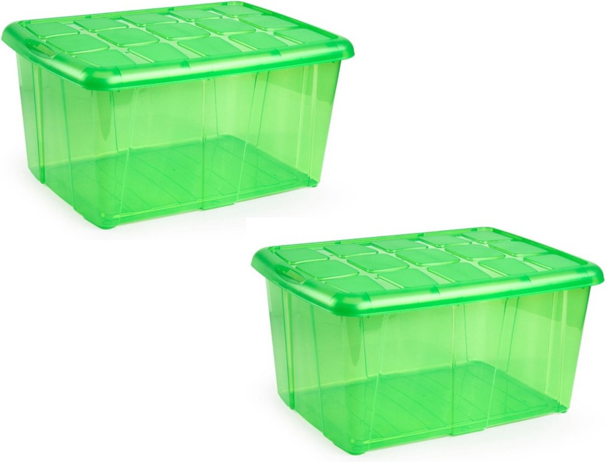 5x Opslagbakken/organizers met deksel 60 liter 63 x 46 x 32 transparant groen -