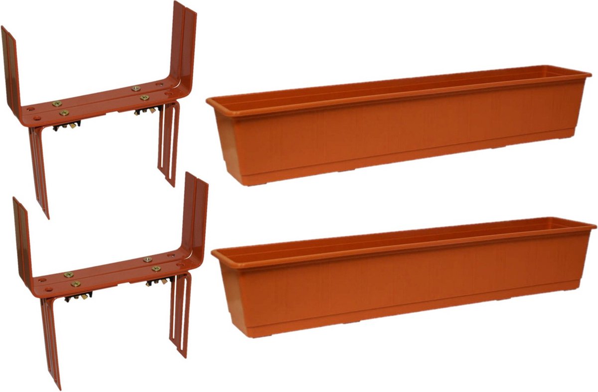 Set van 4 kunststof plantenbakken terracotta rechthoekig 80 cm met 8 verstelbare balkon/muurbeugels -