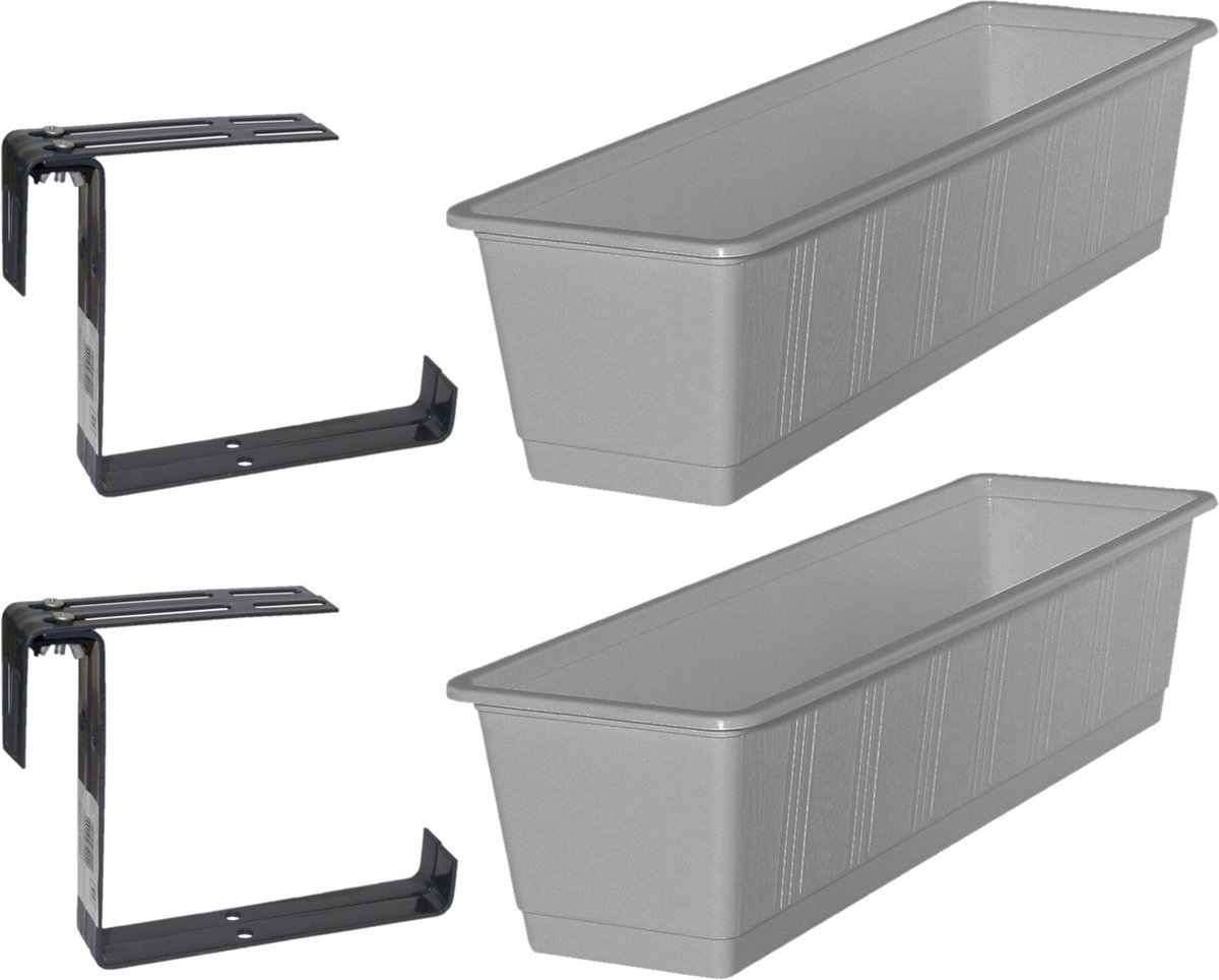 Set van 5 kunststof plantenbakken grijs rechthoekig 60 cm met 10 verstelbare railing beugels -