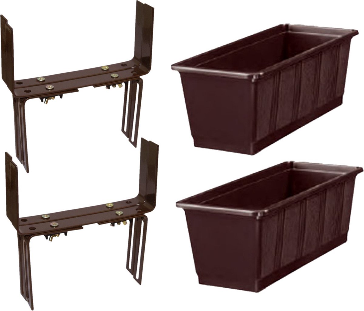 Set van 5 kunststof plantenbakken bruin rechthoekig 60 cm met 10 verstelbare balkon/muurbeugels -