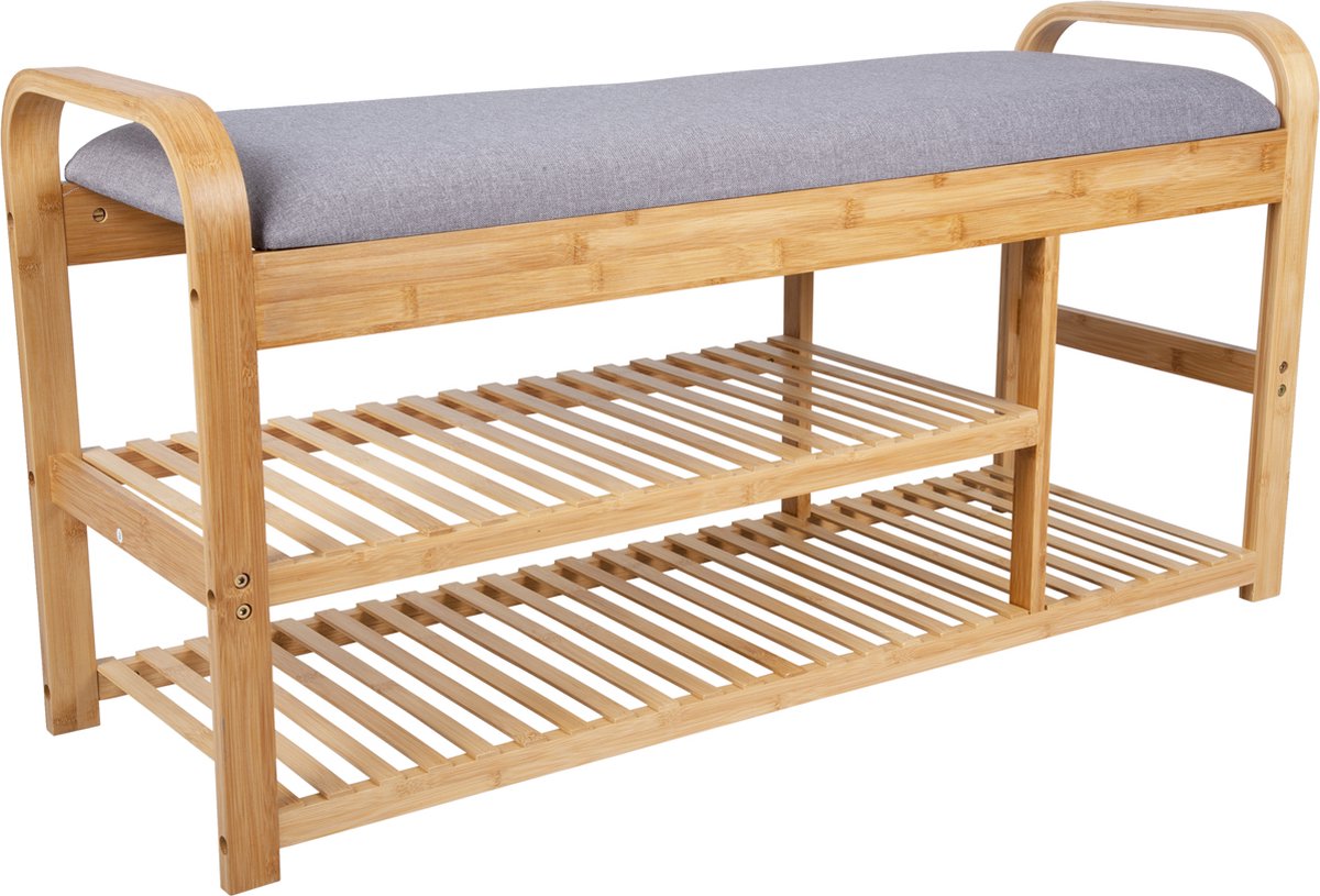 Bankje - Arch Double Shelf - Bamboe - Grijze stof