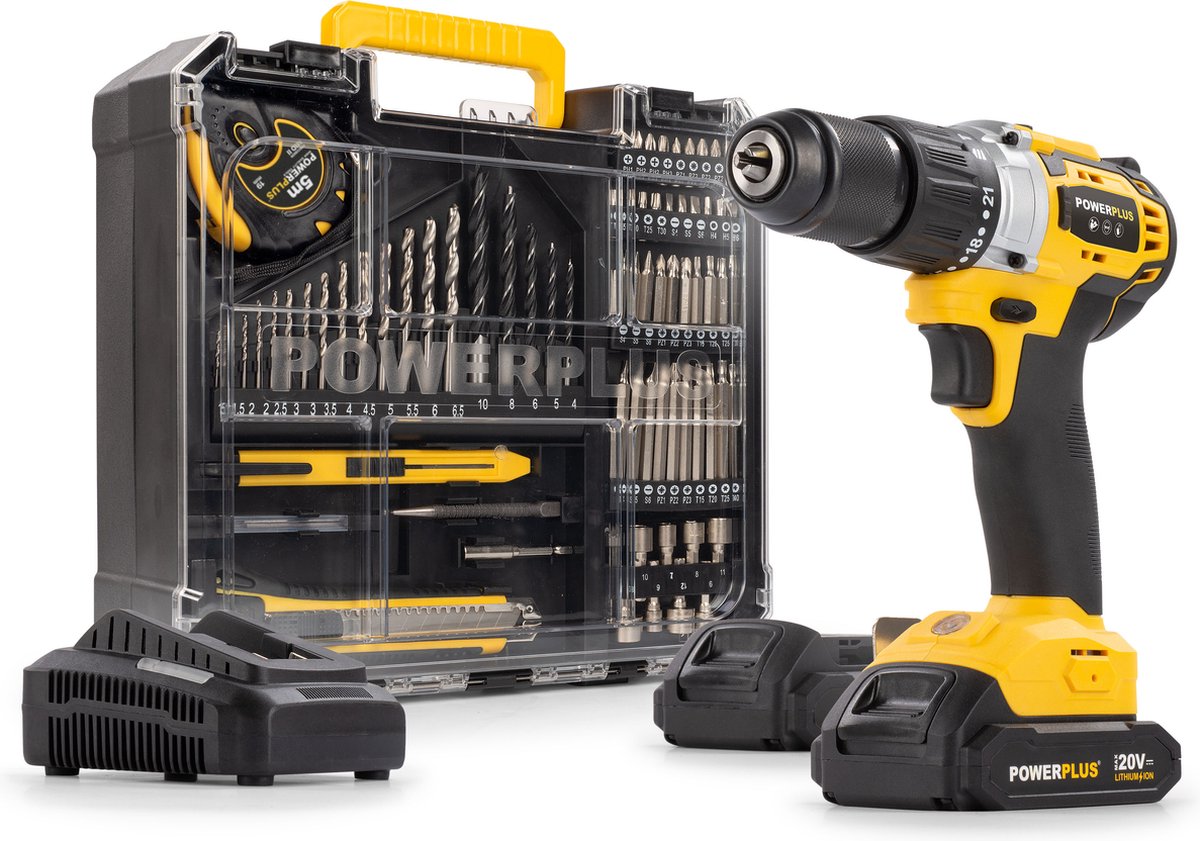 Powerplus Accu klopboormachine POWX00850 - 3 in 1: boren hamerboren en schroeven, 20 V boormachine, 60 Nm, Links en rechts schroeven, Incl. 2 accu's 2.0 Ah en 1 lader, 78 accessoires