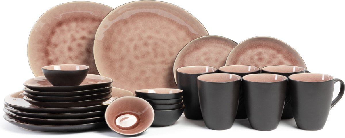 Cosy & Trendy Serviesset Organic Laguna Old Rose 24-delig / 6 personen - 6 dinerborden, 6 diepe borden, 6 bekers en 6 schaaltjes