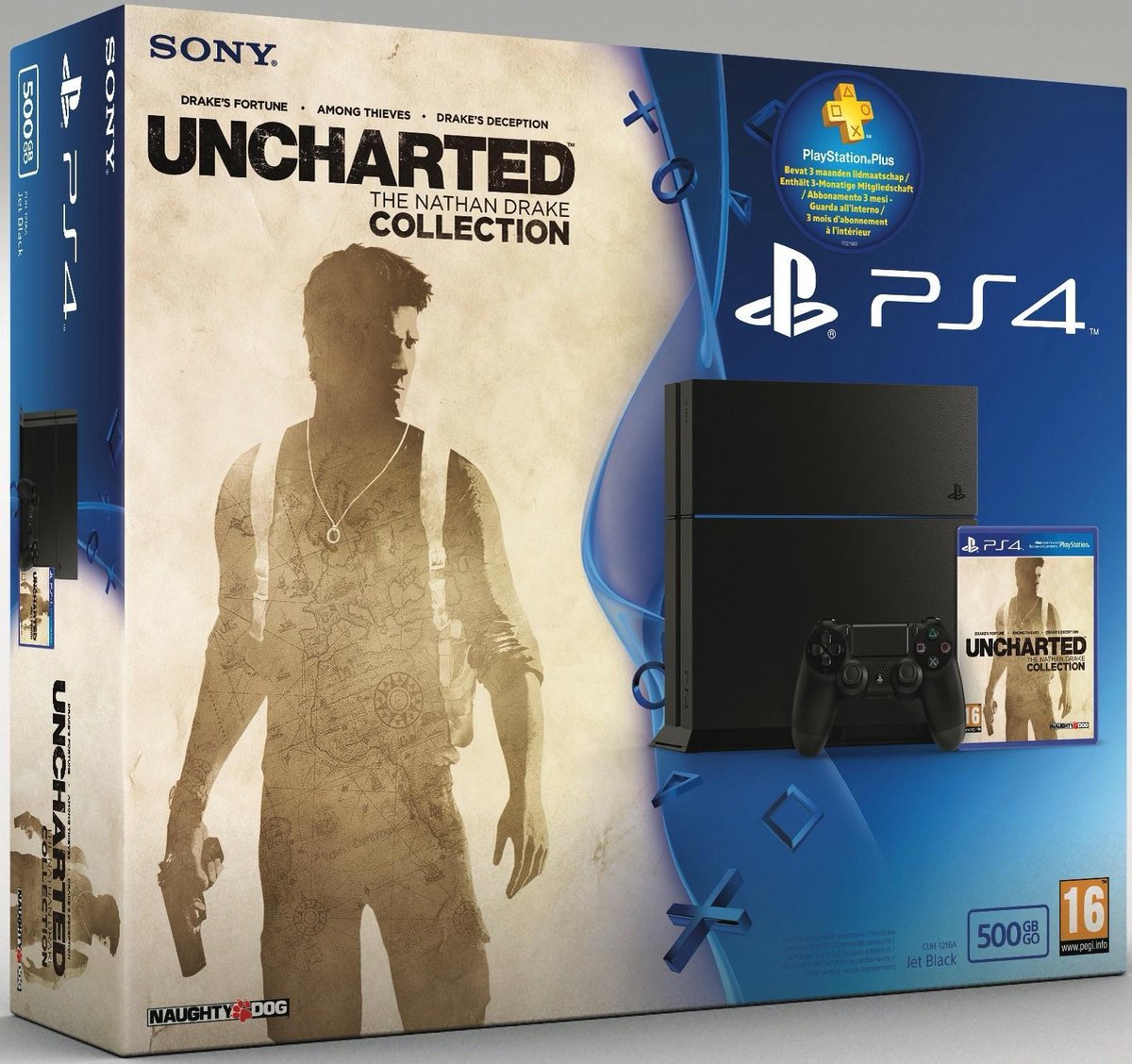 PlayStation 4, Console + 500 GB + Uncharted Collection + PlayStation Plus Card 90 Dagen PS4