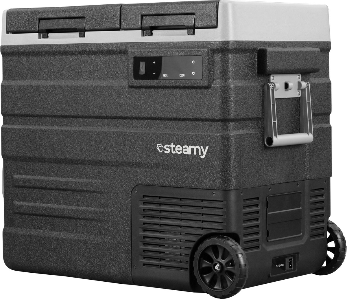 Steamy-E Dual Zone Roller Elektrische Compressor Koelbox Op Wielen - Dual Zone - 57 liter - 12V en 230V - voor auto en camping - Zwart