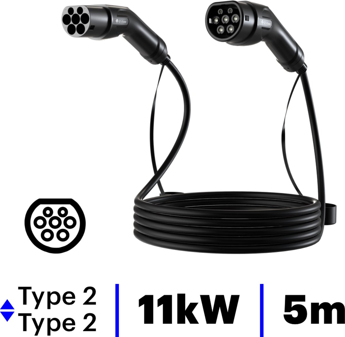 EVbee - Elektrische auto laadkabel - 5 meter kabel - Type 2 naar Type 2 - 11kW - EV - Plug-in hybrid - PHEV