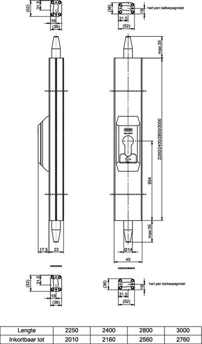 Nemef 5092 Veiligheidsopbouwespagnolet | SKG*** | lengte 2250 | inkortbaar tot 2010mm | RAL9010 | hoogte europrofiel cilinder 954mm | sluitplaat P