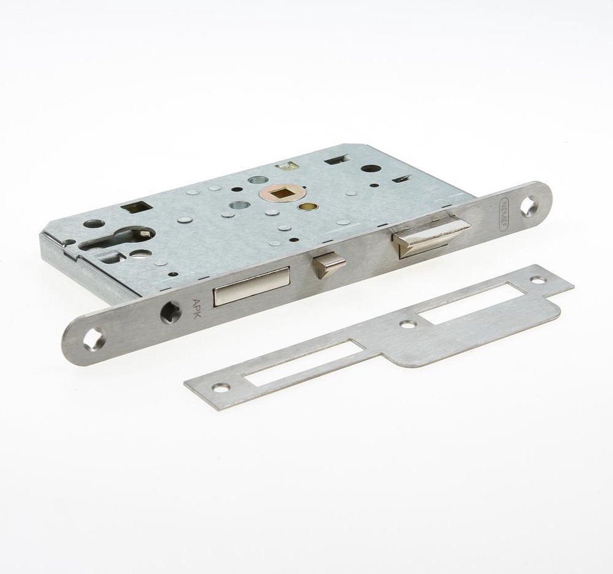 Nemef 699 Paniekdeurslot | zelfvergrendelend | DM60mm | PC72mm | krukgat 8mm | voorplaat RVS 20x235mm afgerond | zamac vernikkelde dag- en nachtschoot