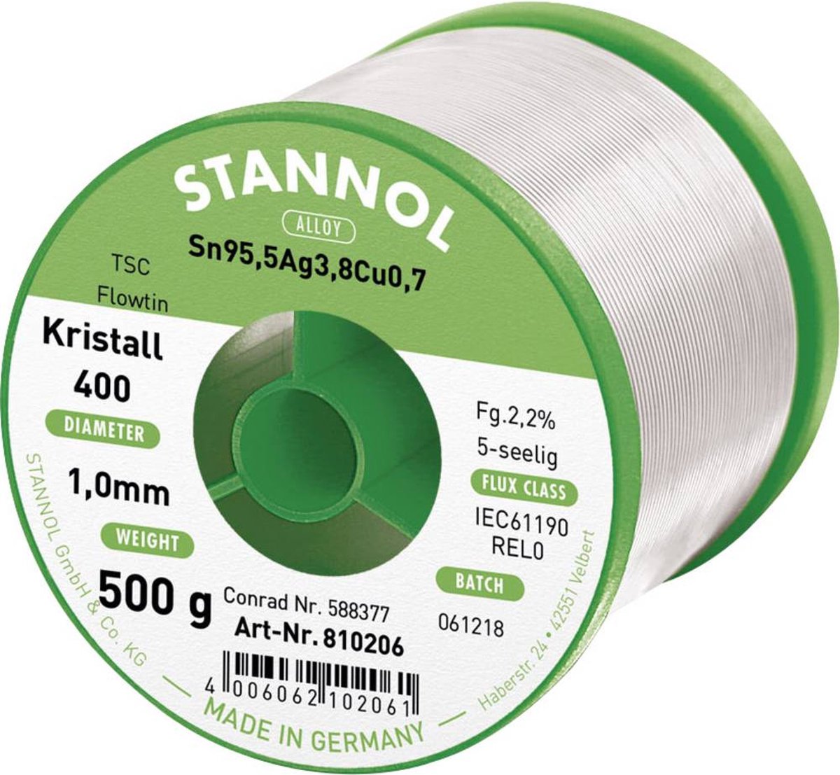 Stannol Ecology TS Soldeertin, loodvrij Spoel Sn95,5Ag3,8Cu0,7 REL0 500 g 1 mm