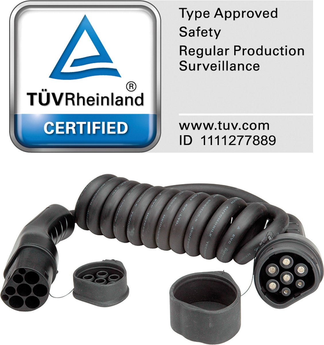 ROLINE Auto oplaadkabel Type2, 1-fase, 250 VAC (1P+N+E), 32 A, 7,4 kW, spiraalkabel, 7,5 m