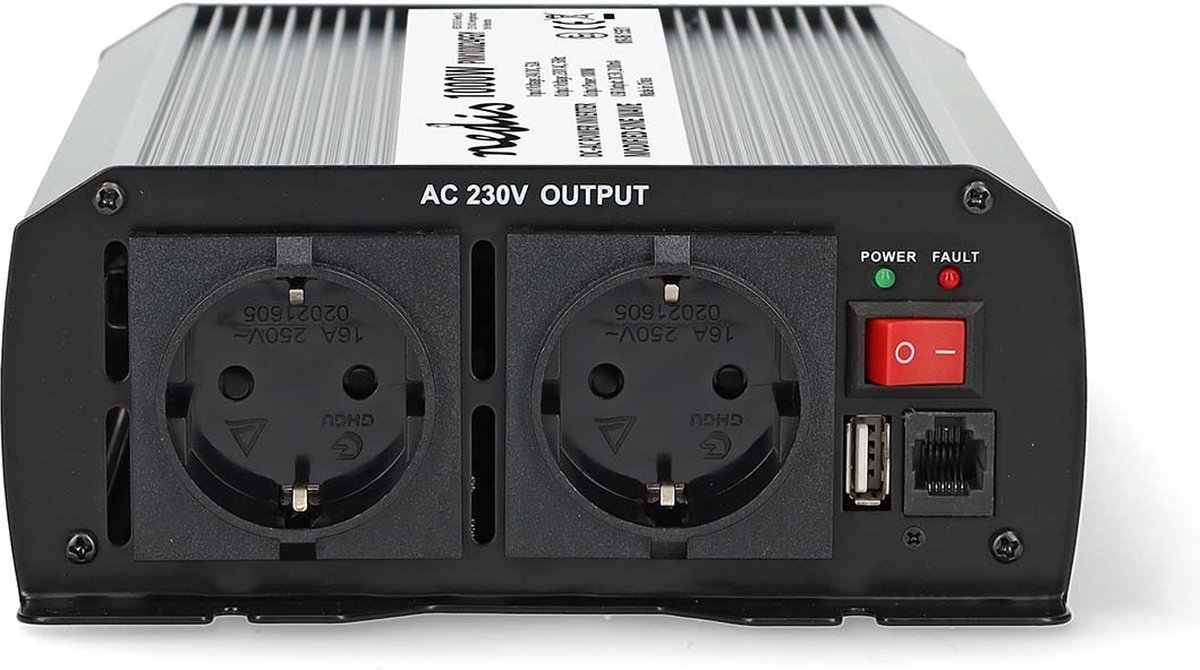 Nedis Omvormer Gemodificeerde Sinusgolf | Ingangsvoltage: 24 V DC | Apparaat stroomoutput: Type F (CEE 7/3) / USB-A| 1000 W | Piekvermogen: 2000 W |