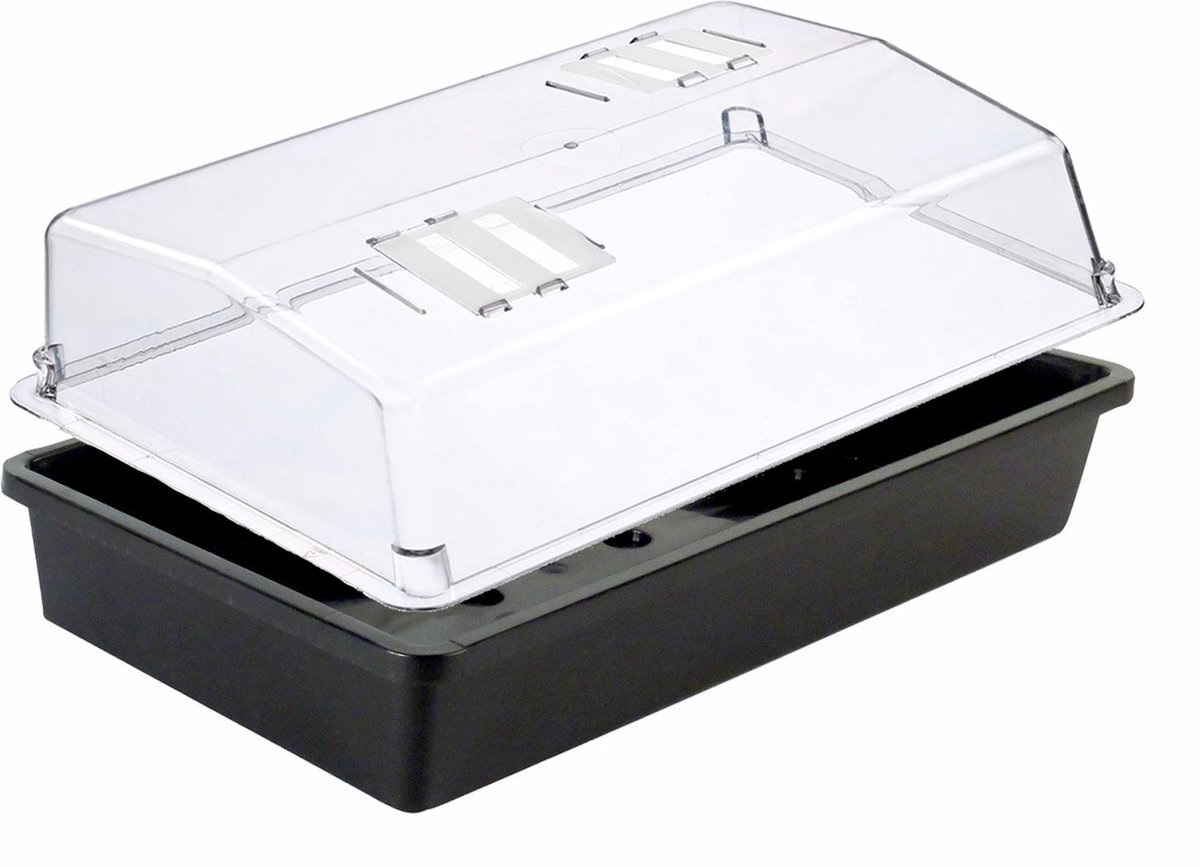 4x stuks Rechthoekige kweekbak met deksel voor zaailingen zwart kunststof 55 x 31 x 7,5 cm -